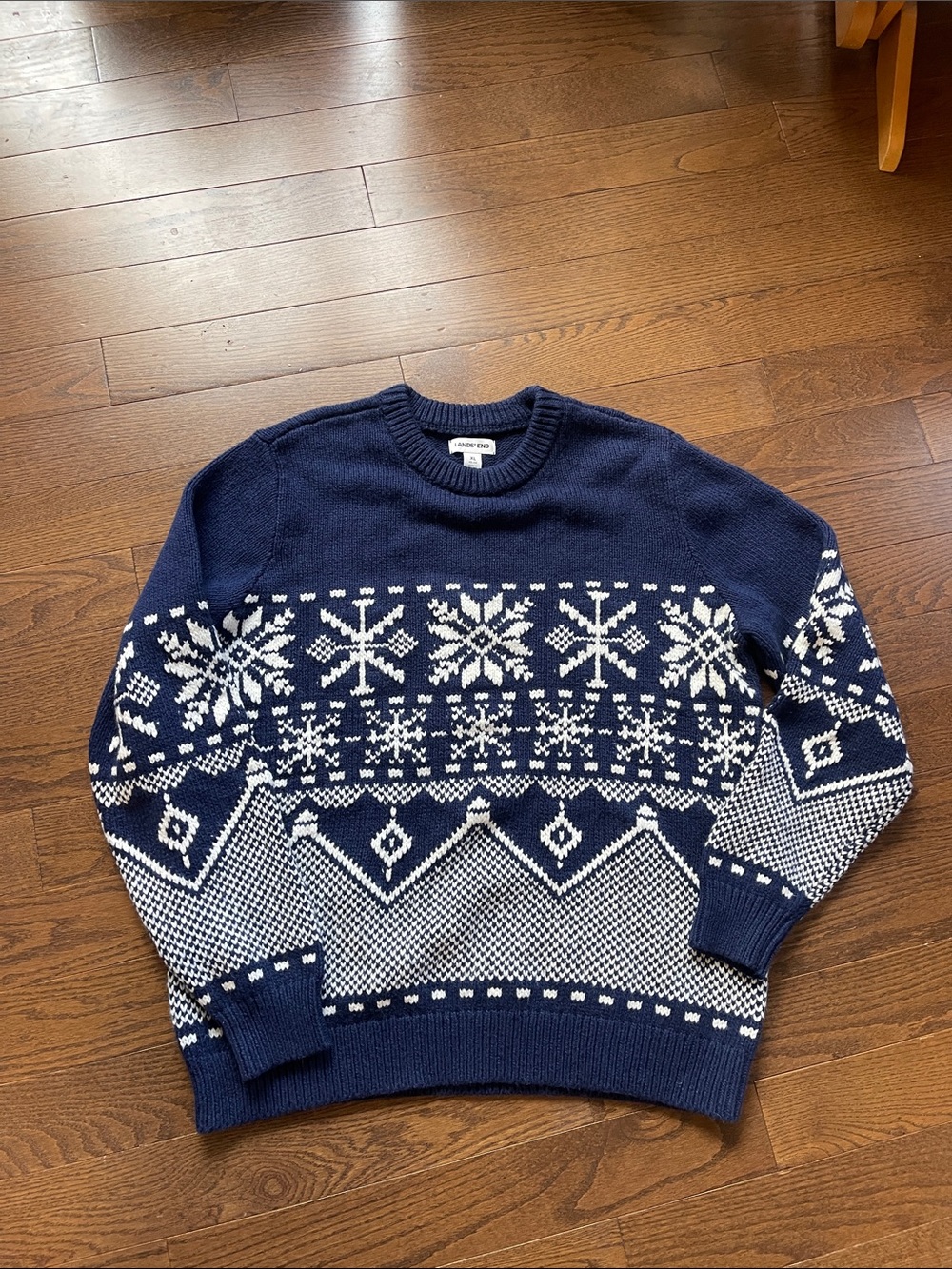Lands' End Navy and White Nordic Snowflake Crewneck Sweater, cotton